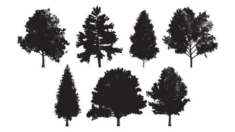 Set of tree silhouettes in dotwork style. For the forest or park background Ilustração Stock