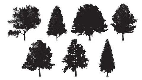 Set of tree silhouettes in dotwork style. For the forest or park background Stock Illustration
