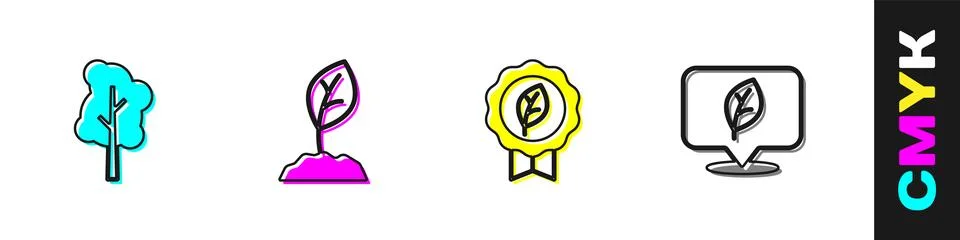 Set Tree, Sprout, Leaf Eco symbol and Location with leaf icon. Vector Illustrazione stock