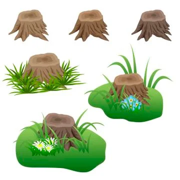 Set of tree stubs in grass and flowers for landscape scenes Stock Illustration