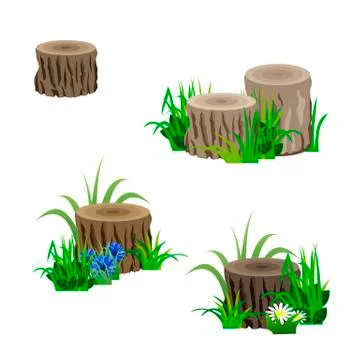 Set of tree stubs in grass and flowers for landscape scenes Stock Illustration