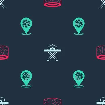 Set Tree stump, Electric circular saw and Wooden logs on seamless pattern. .. Stock Illustration