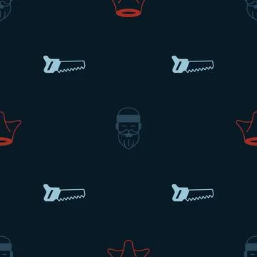 Set Tree stump, Lumberjack and Hand saw on seamless pattern. Vector Stock Illustration