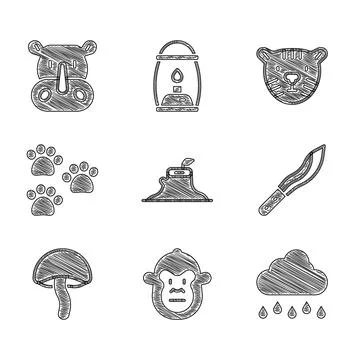 Set Tree stump, Monkey, Cloud with rain, Machete, Mushroom, Paw print, Tiger Stock Illustration