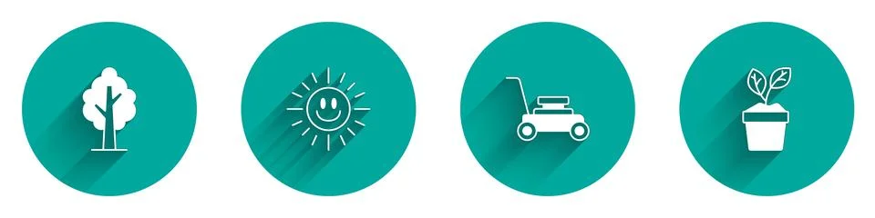 Set Tree, Sun, Lawn mower and Plant in pot icon with long shadow. Vector Stock Illustration