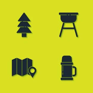 Set Tree, Thermos container, Location of the forest map and Barbecue grill icon Stock Illustration