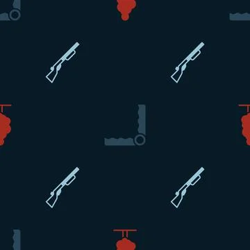 Set Tree, Trap hunting and Hunting gun on seamless pattern. Vector Stock Illustration