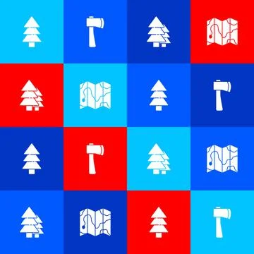 Set Tree, Wooden axe, and Location of the forest on map icon. Vector Stock Illustration