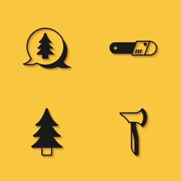 Set Tree, Wooden axe, and Chainsaw icon with long shadow. Vector Stock Illustration