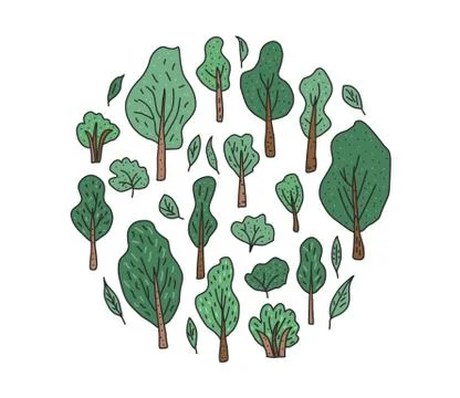 Set of trees and bushes. Round composition.  Vector illustration of doodle  s Stock-Illustration