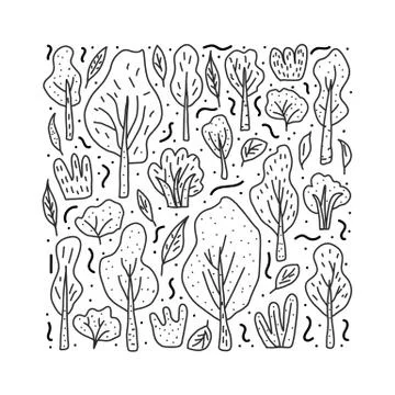 Set of trees and bushes.  Square card with sketch elements. Vector illustrati Illustrazione stock
