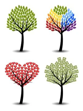 Set of trees. Eco, rainbow, hearts, money. Concept vector illustration. Stock Illustration