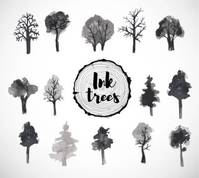 Set of trees hand drawn with ink Stock Illustration