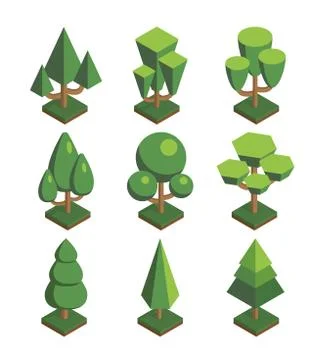 Set of trees in isometric perspective, polygonal style, isolated on white bac Ilustración de archivo