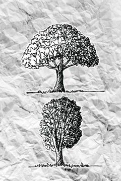 Set of trees with leaves on crumpled paper Stock Illustration