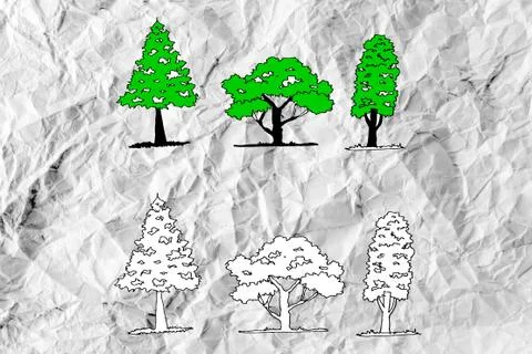 Set of trees with leaves on crumpled paper Stock Illustration