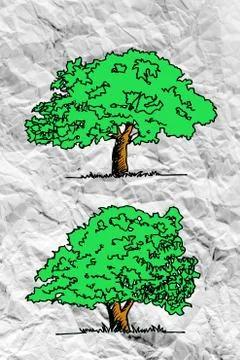 Set of trees with leaves on crumpled paper Stock Illustration
