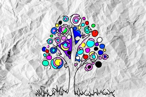 Set of trees with leaves on crumpled paper Stock Illustration