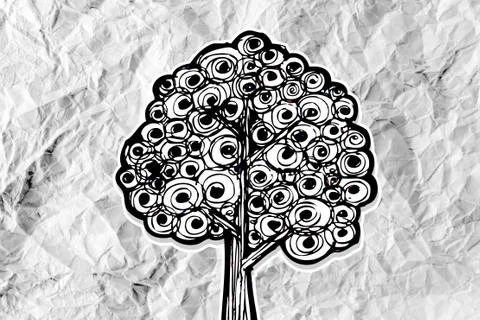 Set of trees with leaves on crumpled paper 스톡 일러스트