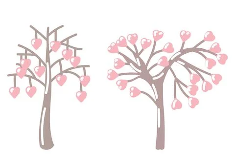 Set of trees with leaves in the shape of a heart. Art for Valentines Day. Vector Stock Illustration