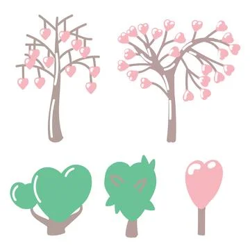 Set of trees with leaves in the shape of a heart. Art for Valentines Day. Vector Stock Illustration