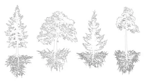 Set of trees with roots, contour. Pine, spruces, oak with rootage. Vector i.. Illustrazione stock