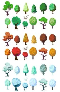 Set of trees. Vector. Winter, summer and autumn trees in cartoons flat style. Illustrazione stock