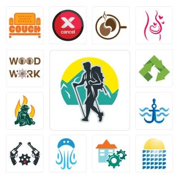 Set of trekking, solar panel, facility, jellyfish, revolver, navy anchor, fir Free Stock Illustration
