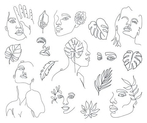 Set of trendy abstract one line woman faces with monstera leaves. Stock Illustration