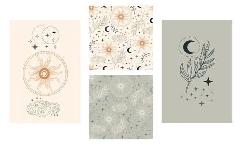 Set of trendy celestial posters and seamless patterns vector Stock Illustration