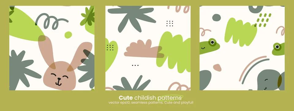 Set of trendy childrens patterns with animals. and natural objects. Bright Stock Illustration