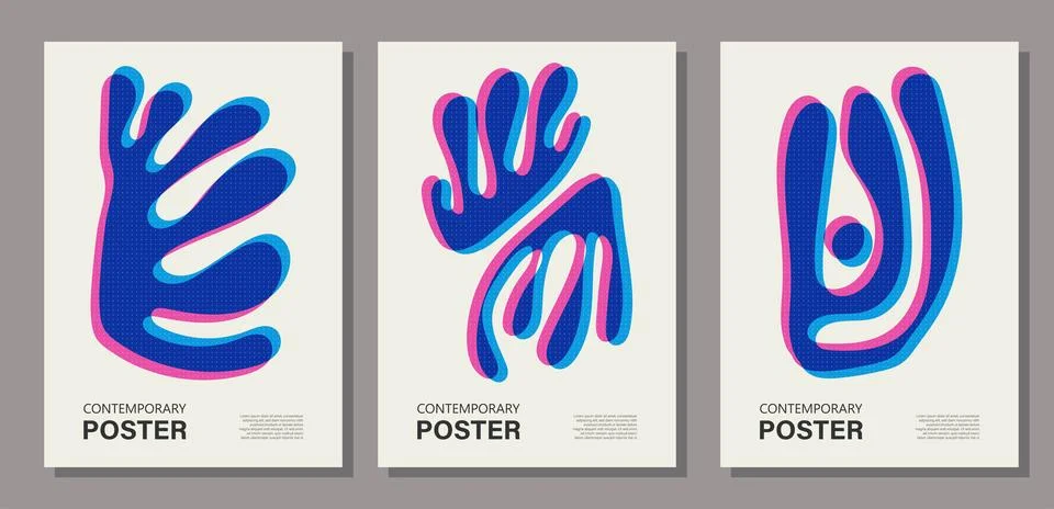 Set of trendy contemporary posters, risograph aesthetics, riso print effect Stock Illustration