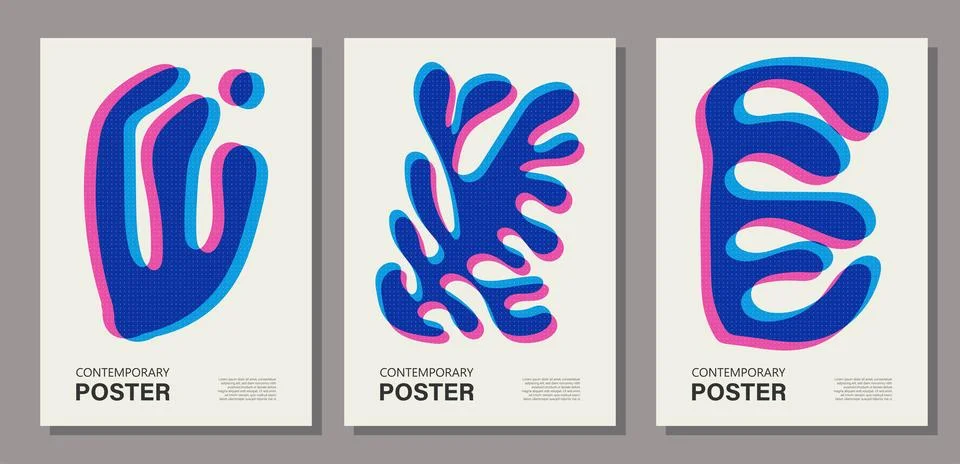 Set of trendy contemporary posters, risograph aesthetics, riso print effect Illustrazione stock