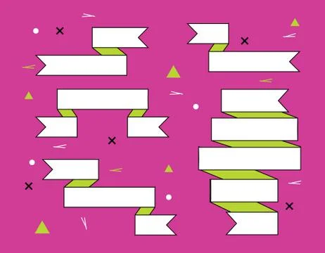 Set of trendy flat geometric ribbons. Vivid transparent banners in retro post Stock Illustration