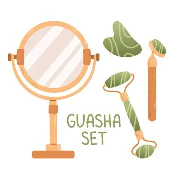 A set of trendy gua sha scrapers made of natural stone and roller massager for Stock Illustration