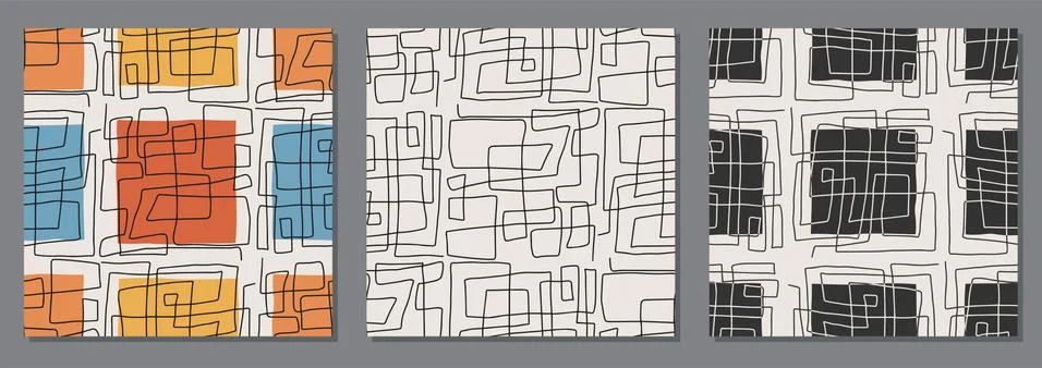 Set of trendy minimalist seamless pattern with abstract hand drawn composition Stock Illustration