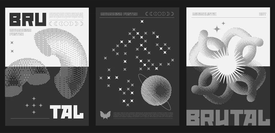 Set of trendy minimalistic posters or covers with 3d bitmap geometric shapes Illustration