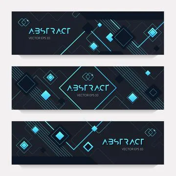 Set of trendy neon style brochures. Sparkling square shapes, carbon navy blue Stock Illustration