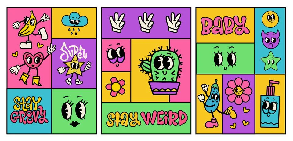 Set of trendy posters with crazy comic faces, creepy characters and colorful Stock Illustration