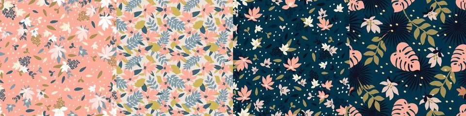 Set trendy seamless patterns with hand drawn decorative flowers in peach Stock Illustration