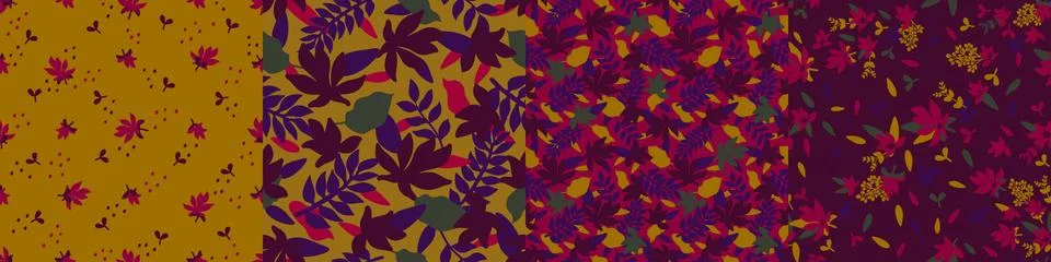 Set trendy seamless patterns with hand drawn decorative flowers in purple Stock Illustration