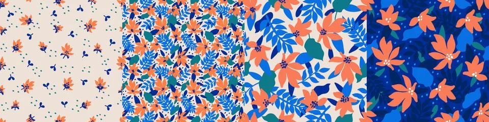 Set trendy seamless patterns with hand drawn decorative flowers in blue Stock Illustration