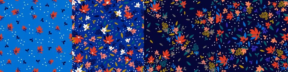 Set trendy seamless patterns with hand drawn decorative flowers in blue 스톡 일러스트