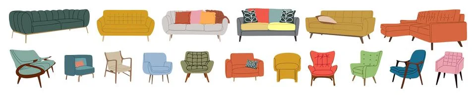 Set of trendy sofas, chairs, armchairs, couches. Stock Illustration