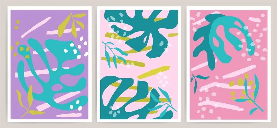 Set of Trendy texture posters with hand drawn floral leaves Stock Illustration