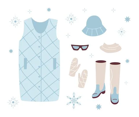 Set trendy Winter clothed. Down vest, Panama hat, scarf, mittens, glasses, bo Stock Illustration