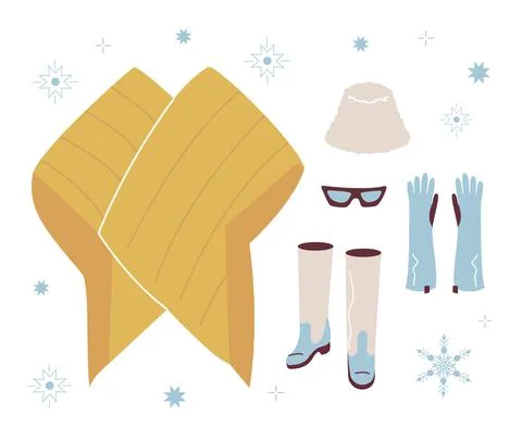 Set trendy Winter clothed. Down jacket kimono, panama hat, gloves, glasses, b Stock Illustration