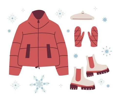 Set trendy Winter clothed. Down jacket, mittens, beret, boots. Modern Clothin Illustrazione stock