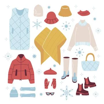 Set trendy Winter Clothes. Down vest, hat, mitten, glasses, boot, jacket, kim Stock Illustration
