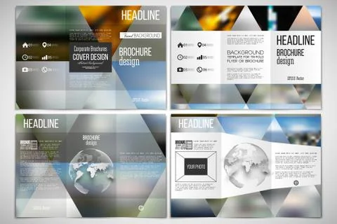 Set of tri-fold brochure design template on both sides with world globe element Illustrazione stock